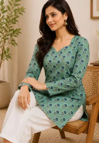 SEA GREEN Rayon DIGITAL PRINTED KURTI 