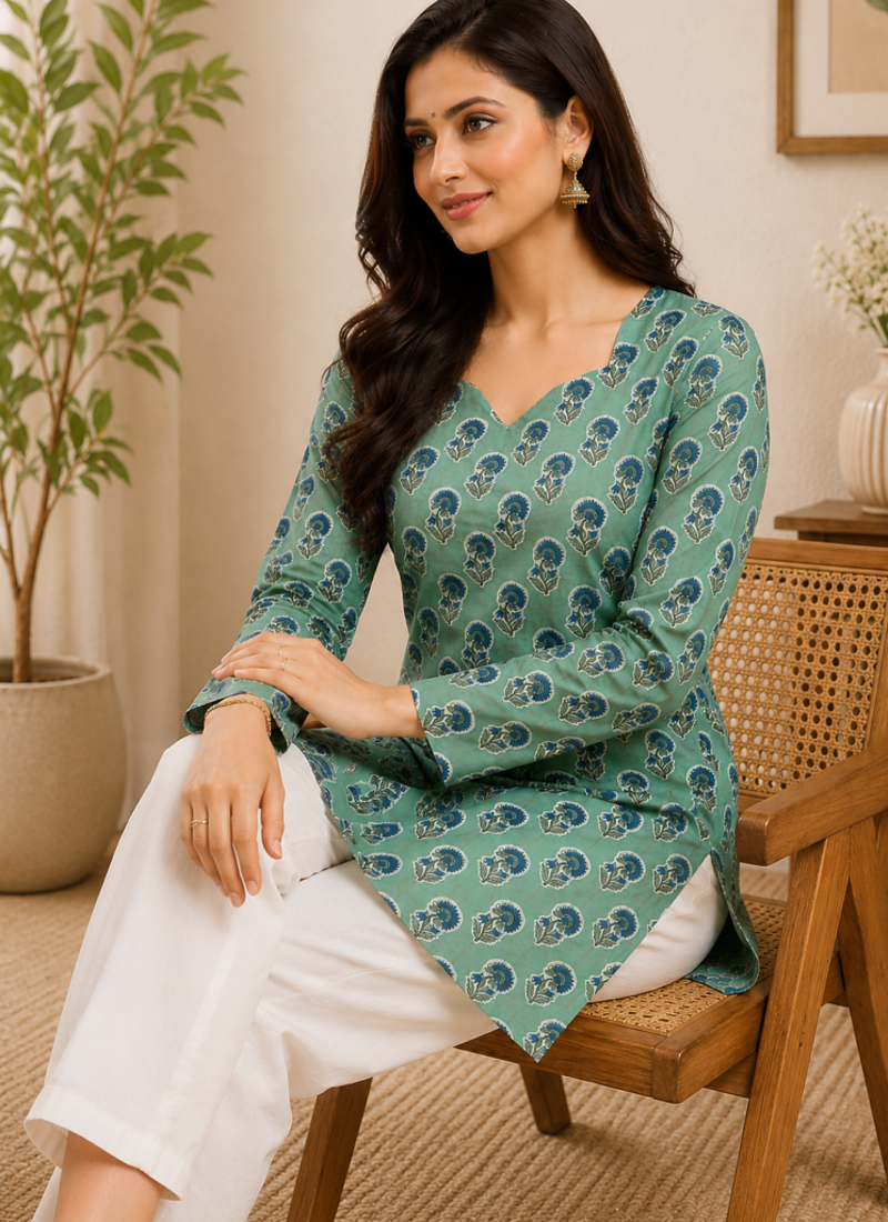 SEA GREEN  REYON WITH DIGITAL PRINTED STYLISH WEAR KURTI 