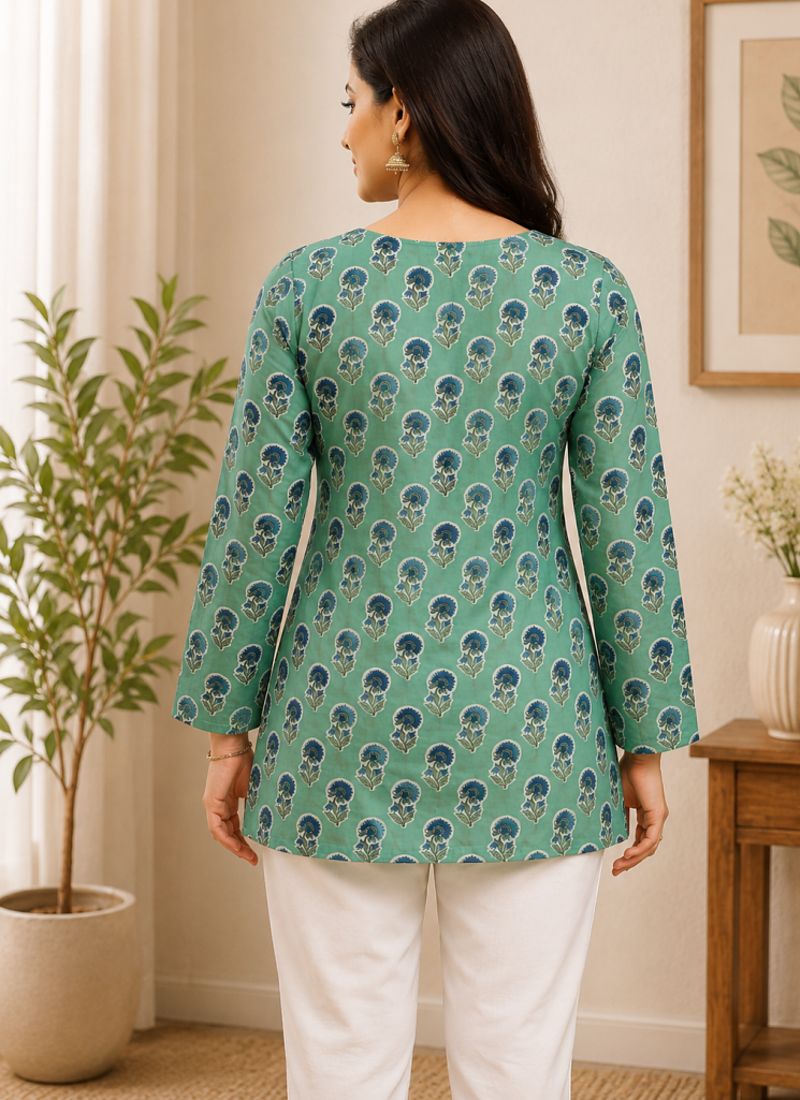 SEA GREEN  REYON WITH DIGITAL PRINTED STYLISH WEAR KURTI 