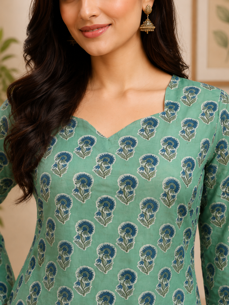 SEA GREEN  REYON WITH DIGITAL PRINTED STYLISH WEAR KURTI 