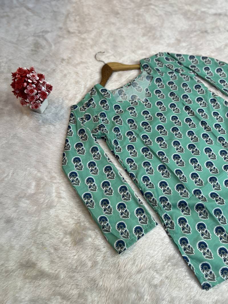 SEA GREEN  REYON WITH DIGITAL PRINTED STYLISH WEAR KURTI 