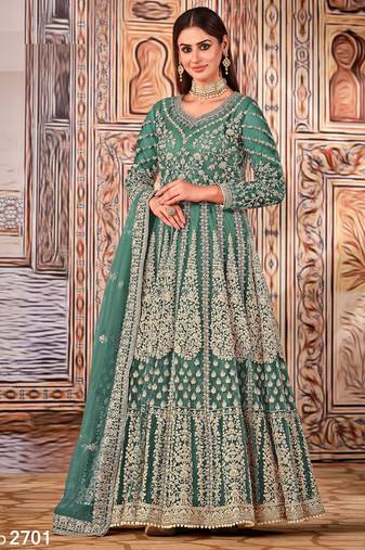 TEAL COLOR CORDING WORK HEAVY NET GOWN 