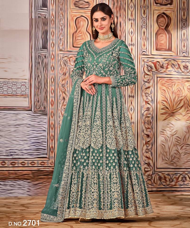 TEAL COLOR CORDING WORK HEAVY NET GOWN 
