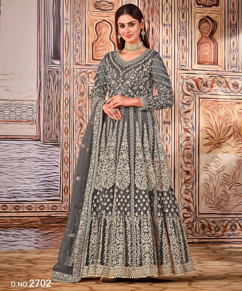 Grey Heavy Cording Work Net Gown