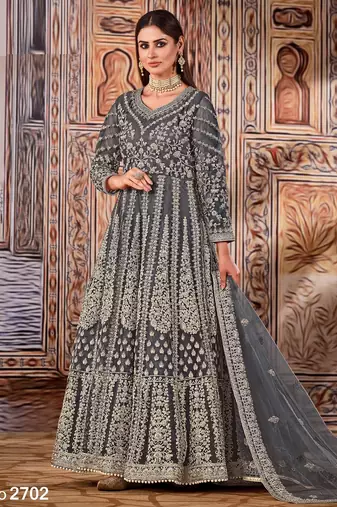 Grey Heavy Cording Work Net Gown