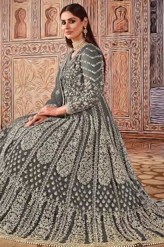 Grey Heavy Cording Work Net Gown
