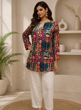 MULTICOLOR  REYON WITH DIGITAL PRINTED STYLISH WEAR KURTI 