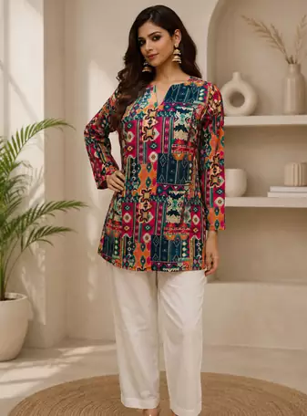MULTICOLOR  REYON WITH DIGITAL PRINTED STYLISH WEAR KURTI 