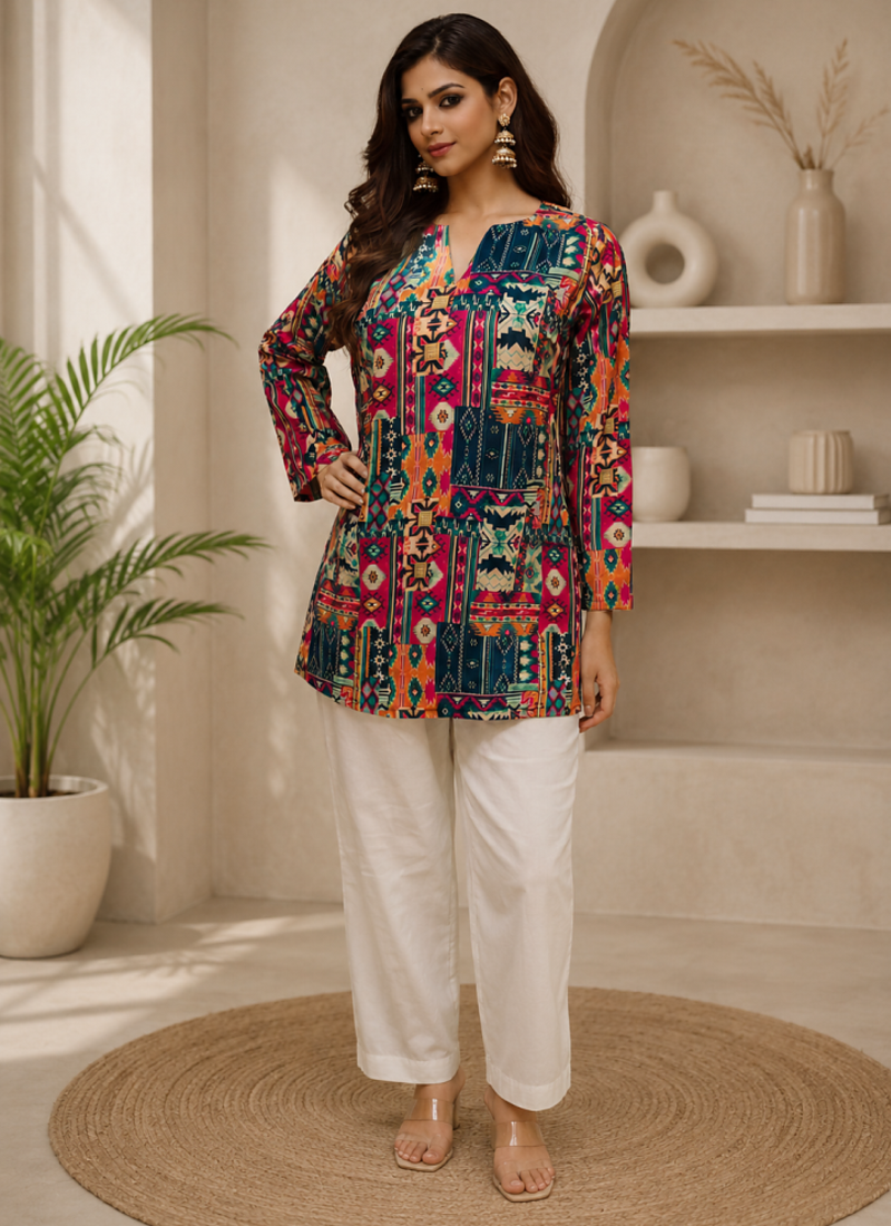 MULTICOLOR  REYON WITH DIGITAL PRINTED STYLISH WEAR KURTI 