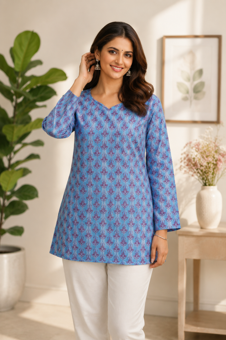 SKY BLUE Rayon DIGITAL PRINTED KURTI 