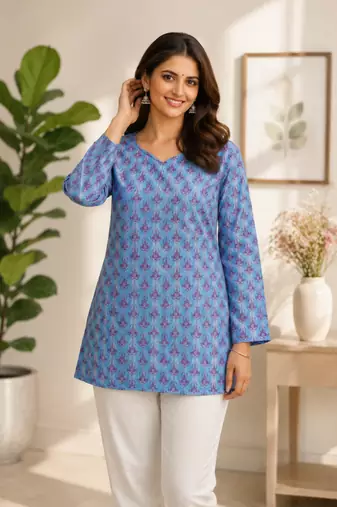 SKY BLUE  REYON WITH DIGITAL PRINTED STYLISH WEAR KURTI 
