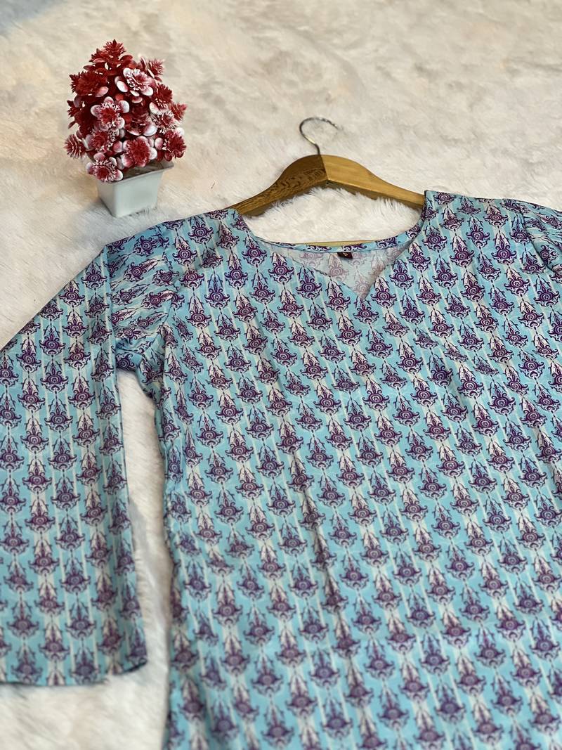 SKY BLUE Rayon DIGITAL PRINTED KURTI 