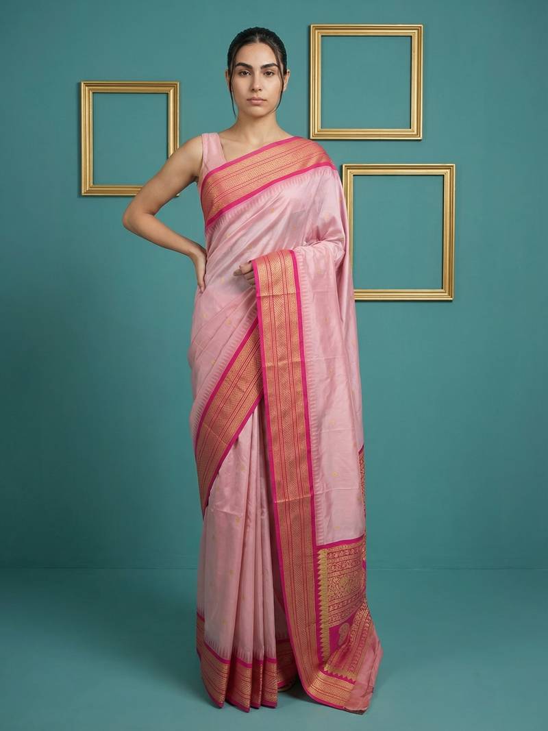 baby pink soft silk blend with gold zari motifs zari woven saree 