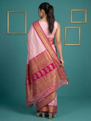 baby pink soft silk blend with gold zari motifs zari woven saree  2