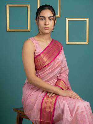 baby pink soft silk blend with gold zari motifs zari woven saree  3