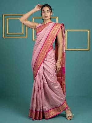 baby pink soft silk blend with gold zari motifs zari woven saree  4