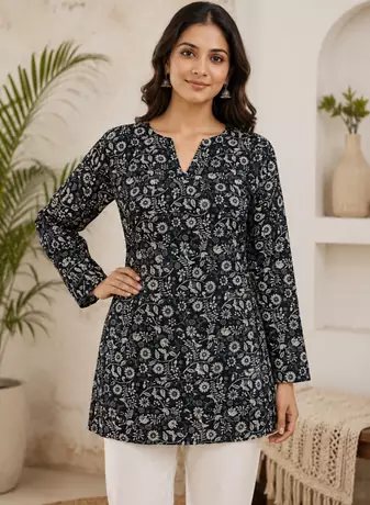 BLACK  REYON WITH DIGITAL PRINTED STYLISH WEAR KURTI 