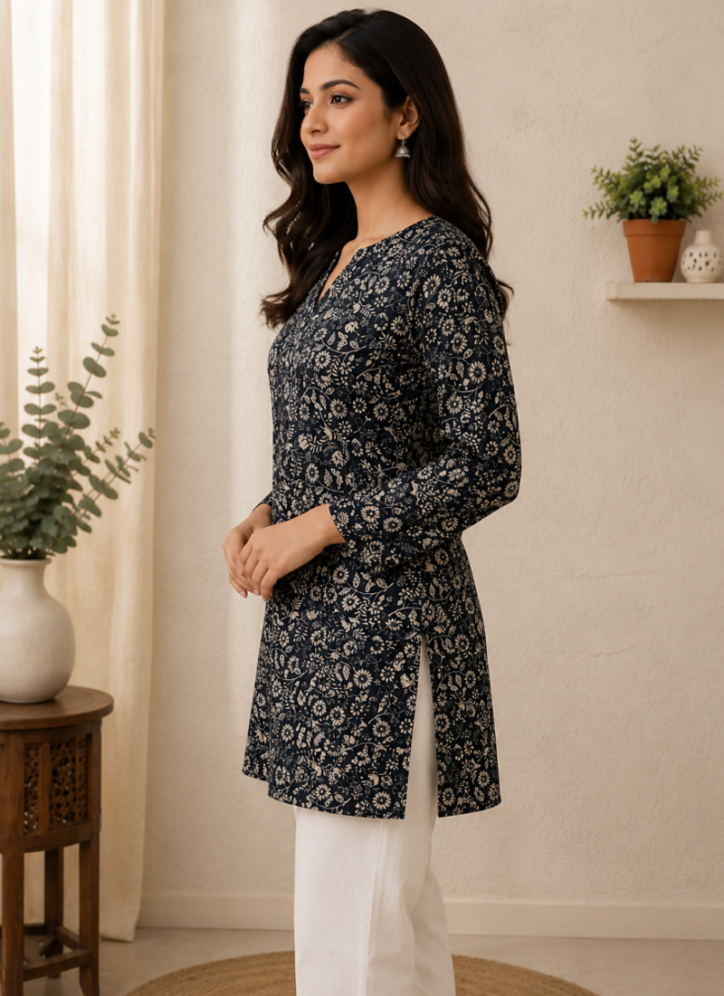 BLACK  REYON WITH DIGITAL PRINTED STYLISH WEAR KURTI 