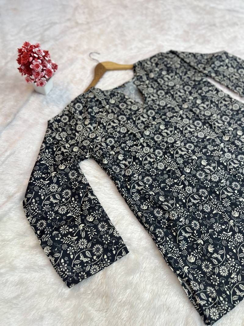 BLACK  REYON WITH DIGITAL PRINTED STYLISH WEAR KURTI 