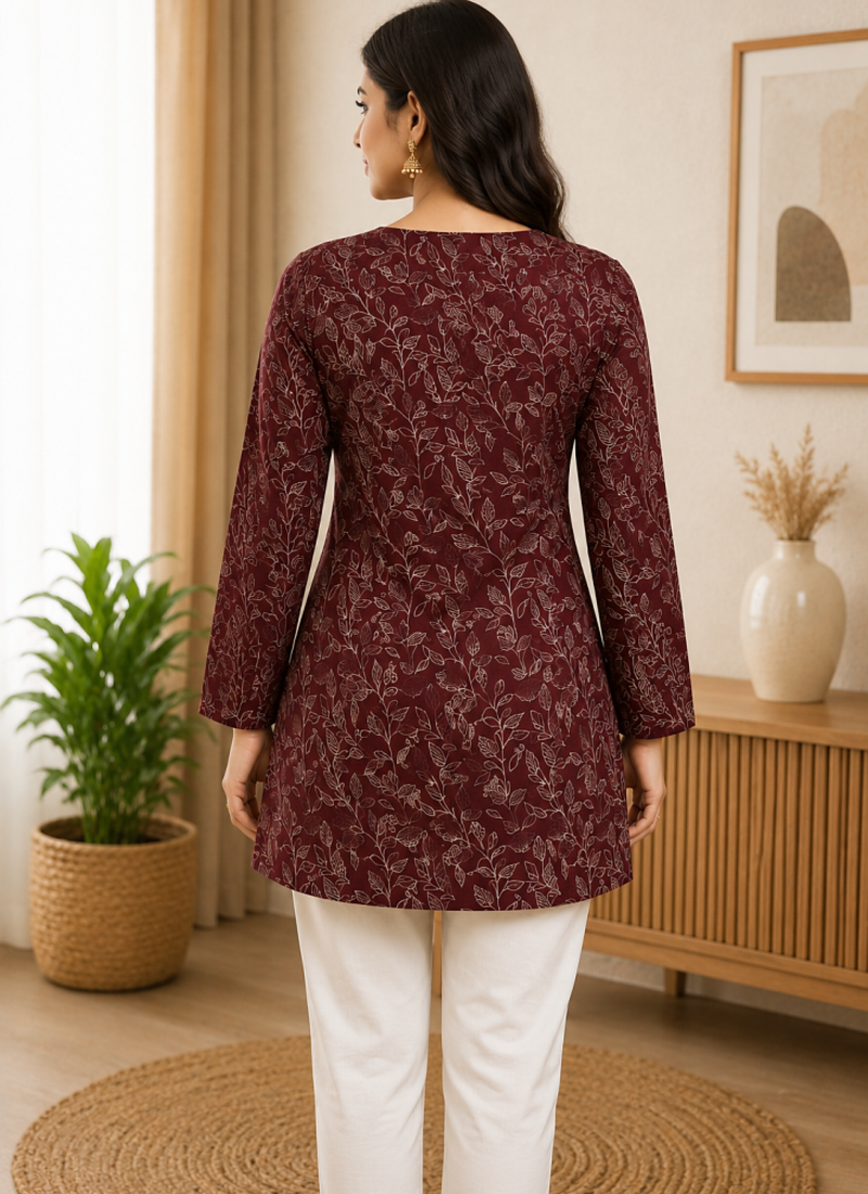 MAROON  REYON WITH DIGITAL PRINTED STYLISH WEAR KURTI 