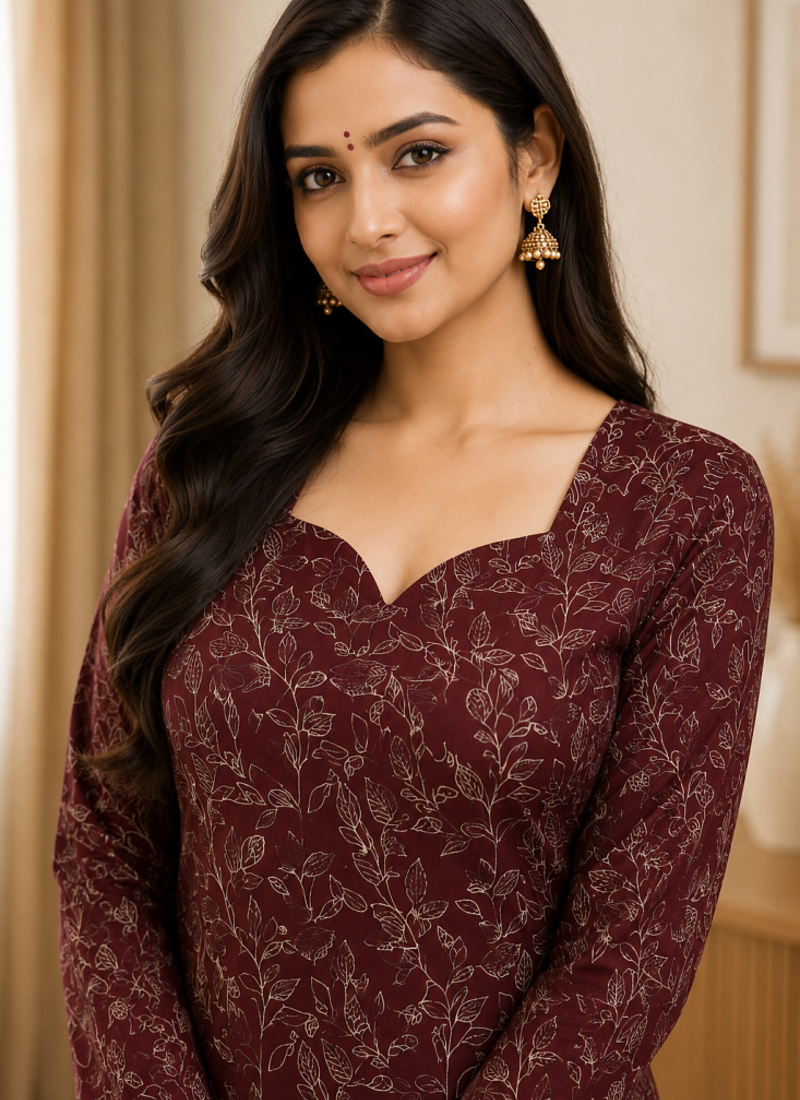 MAROON  REYON WITH DIGITAL PRINTED STYLISH WEAR KURTI 