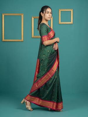 bottel green soft silk blend with gold zari motifs zari woven saree  3