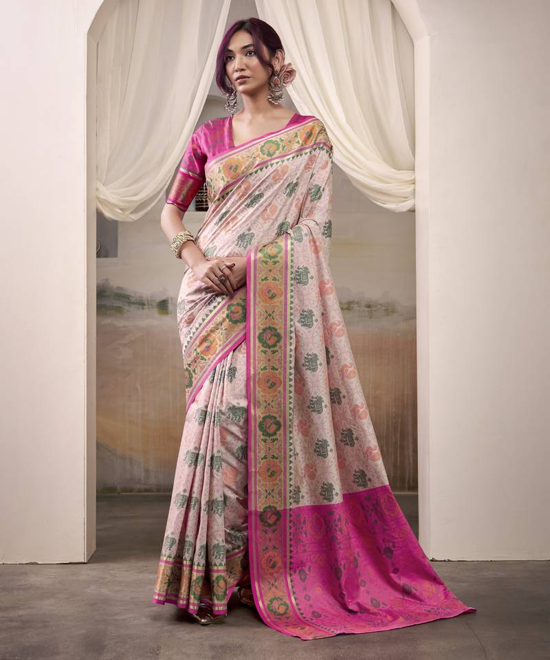 LIGHT PINK patola silk blend saree with print & rich pallu
