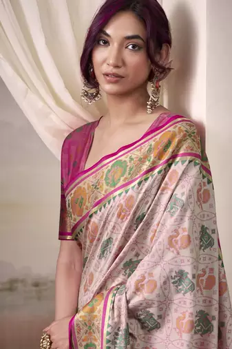 LIGHT PINK patola silk blend saree with print & rich pallu