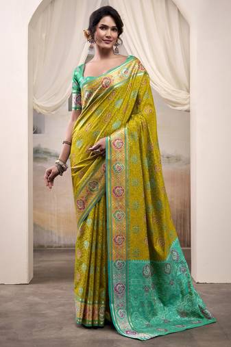  LIGHT YELLOW patola silk blend saree with print & rich pallu