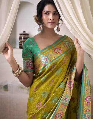  LIGHT YELLOW patola silk blend saree with print & rich pallu 2