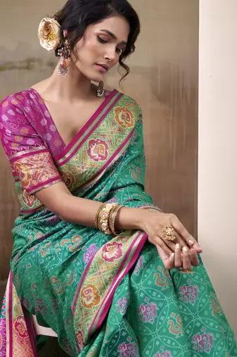 GREEN patola silk blend saree with print & rich pallu