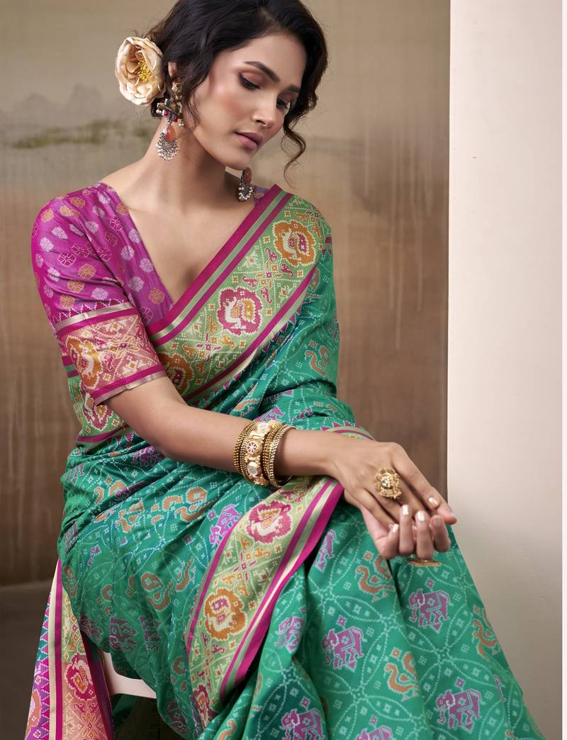 GREEN patola silk blend saree with print & rich pallu