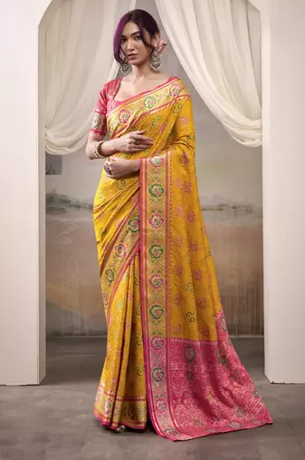 YELLOW patola silk blend saree with print & rich pallu