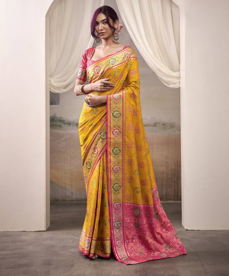 YELLOW patola silk blend saree with print & rich pallu