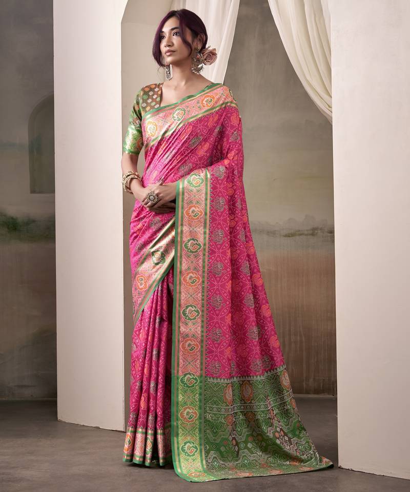  PINK patola silk blend saree with print & rich pallu