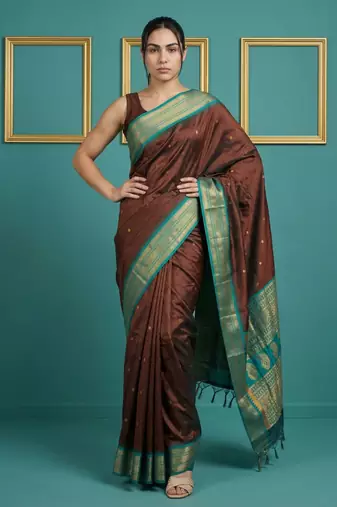 brown soft silk blend with gold zari motifs zari woven saree 