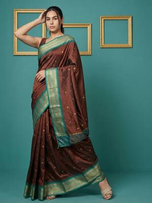 brown soft silk blend with gold zari motifs zari woven saree  2