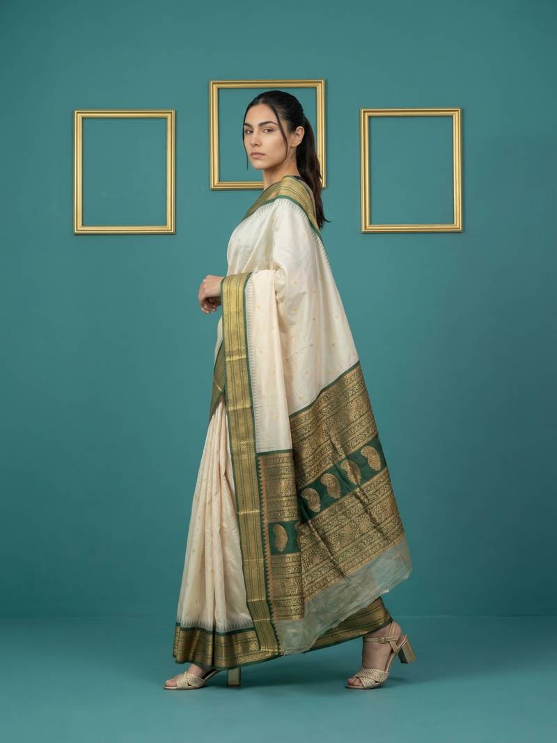 cream soft silk blend with gold zari motifs zari woven saree 