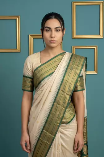 cream soft silk blend with gold zari motifs zari woven saree 