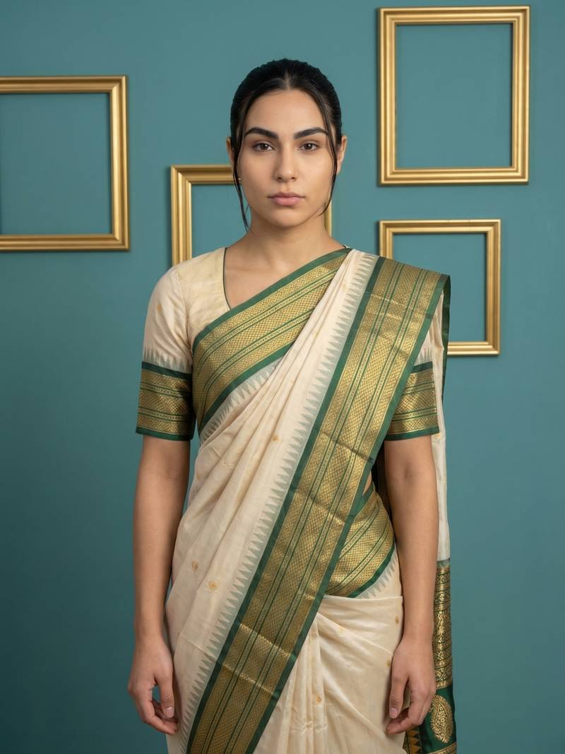 cream soft silk blend with gold zari motifs zari woven saree 