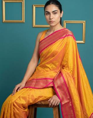 orange soft silk blend with gold zari motifs zari woven saree  2