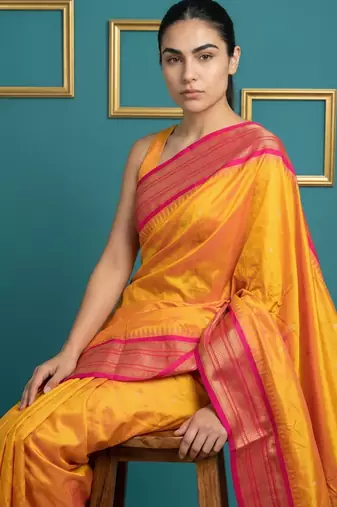 orange soft silk blend with gold zari motifs zari woven saree 