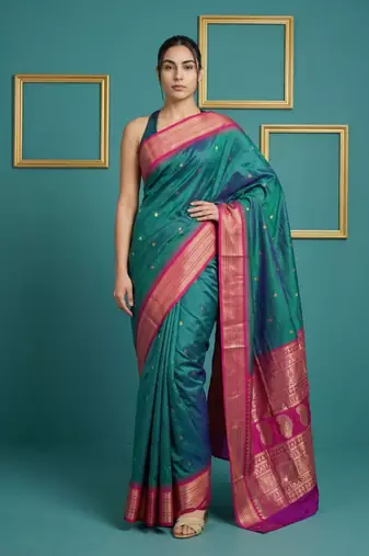 teal green soft silk blend with gold zari motifs zari woven saree 