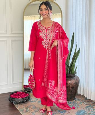  rani pink roman silk blend embroidered kurta pant set with jacquard dupatta 1