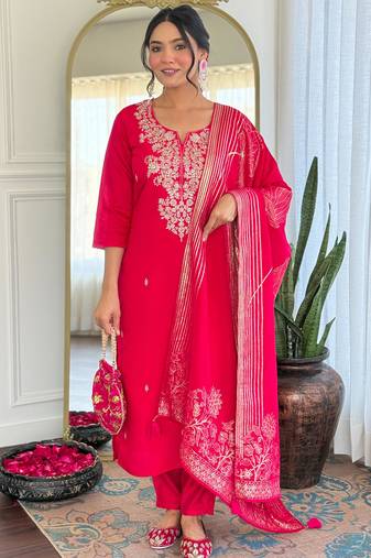  rani pink roman silk blend embroidered kurta pant set with jacquard dupatta