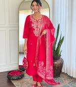  rani pink roman silk blend embroidered kurta pant set with jacquard dupatta