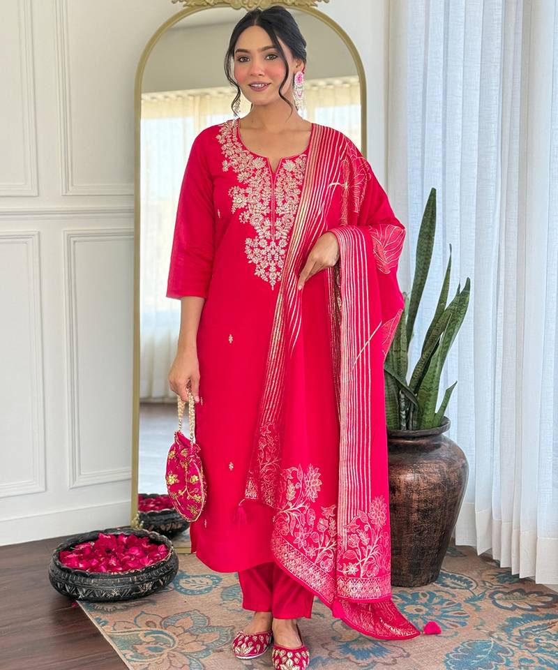  rani pink roman silk blend embroidered kurta pant set with jacquard dupatta