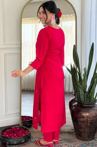  rani pink roman silk blend embroidered kurta pant set with jacquard dupatta