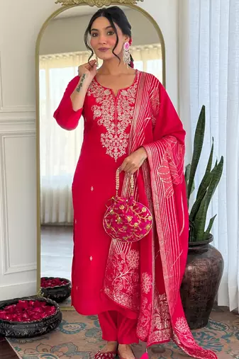  rani pink roman silk blend embroidered kurta pant set with jacquard dupatta