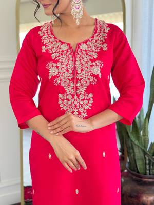 rani pink roman silk blend embroidered kurta pant set with jacquard dupatta 5
